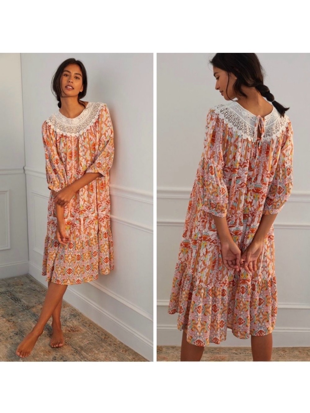 Anthropologie Florence Floral Lace Lounge Dress Tiered Eyelet Collar Boho Sz XS